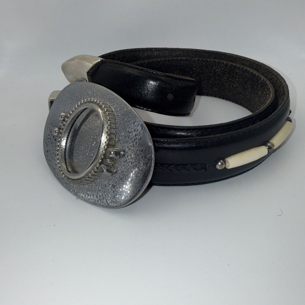 Onyx By Brighton Mens Black Beaded Leather Belt Silver Tone Size 36